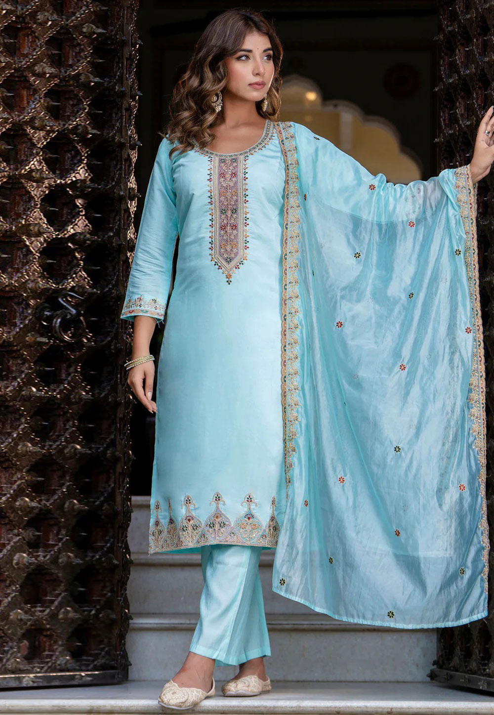 Sky Blue Silk Readymade Pant Style Suit 309267