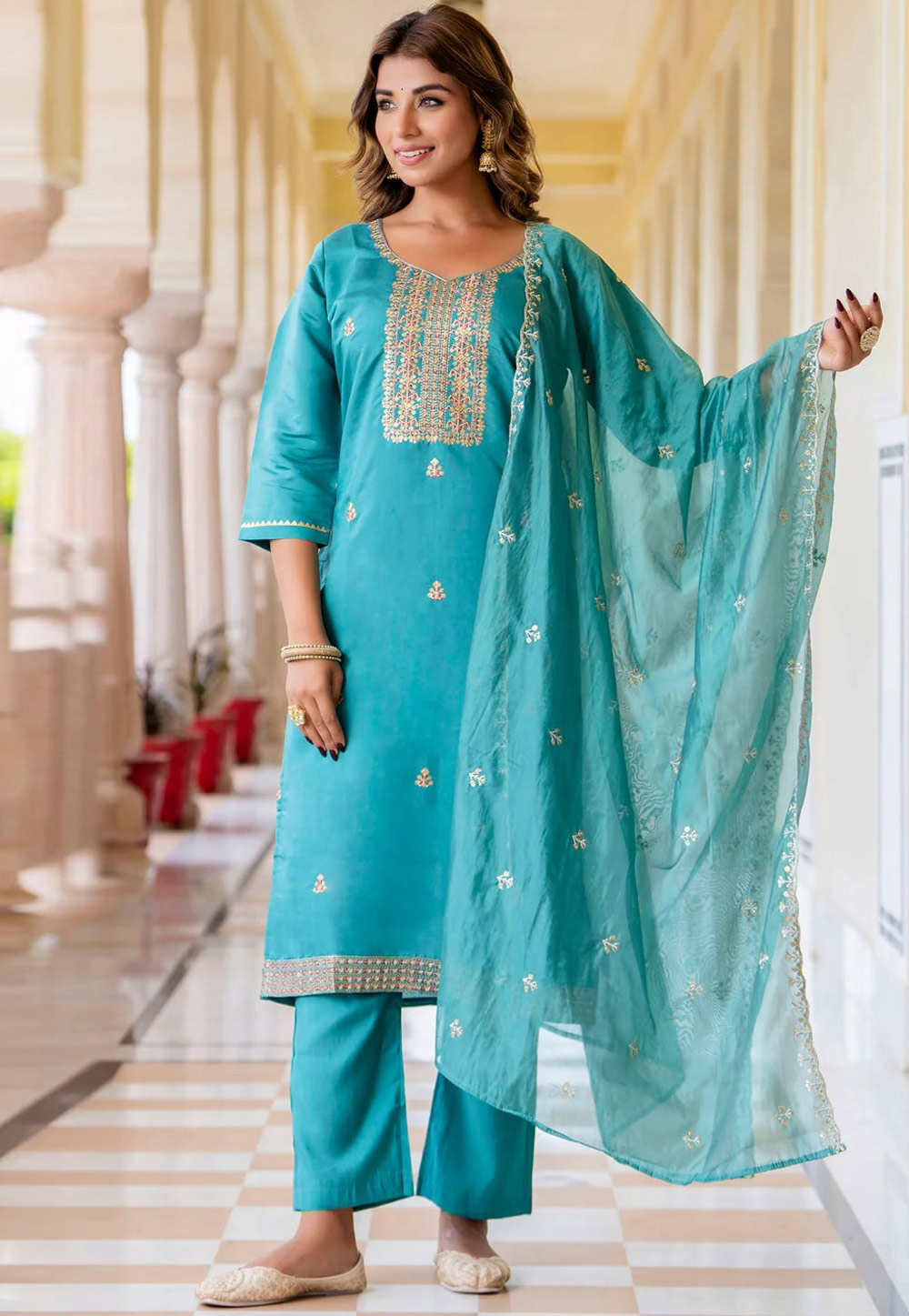 Sky Blue Silk Readymade Pant Style Suit 309620