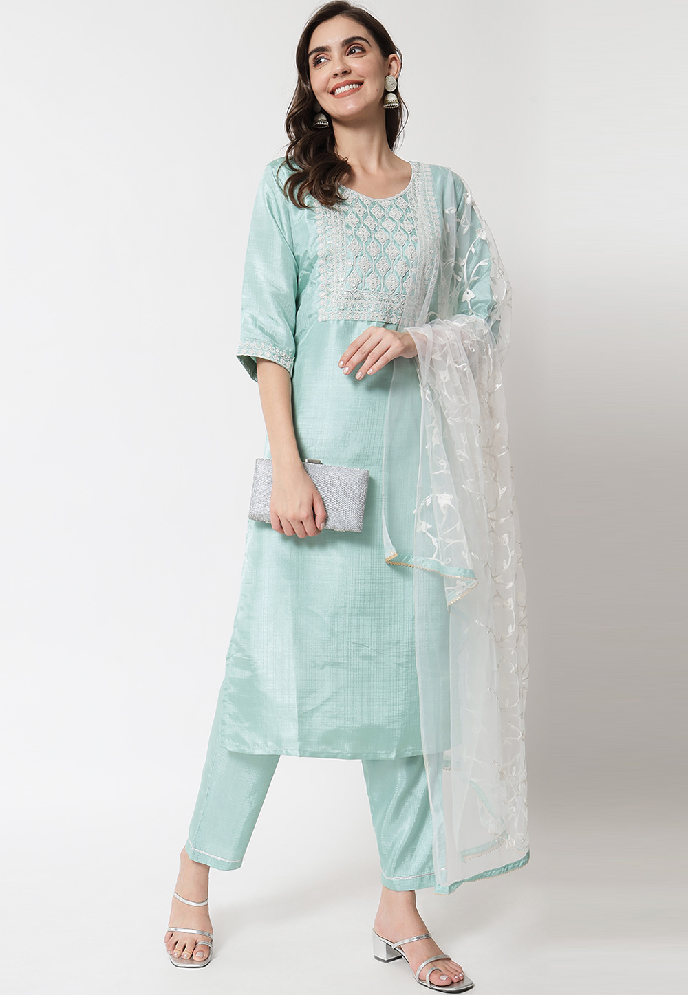 Sky Blue Silk Readymade Pant Style Suit 310186