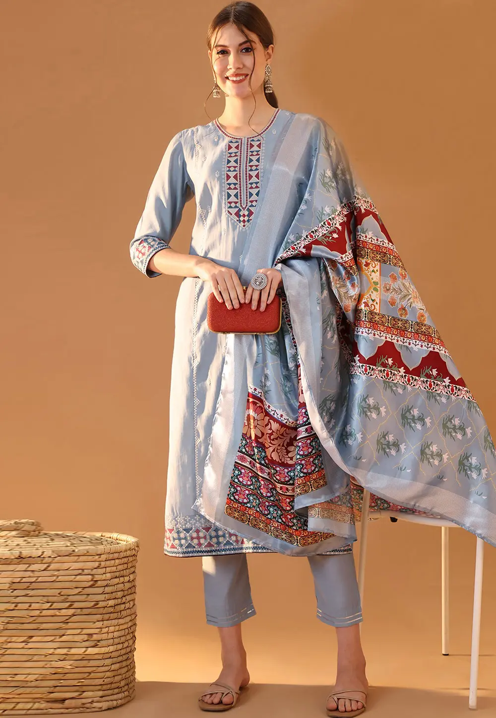 Sky Blue Silk Readymade Pant Style Suit 301924