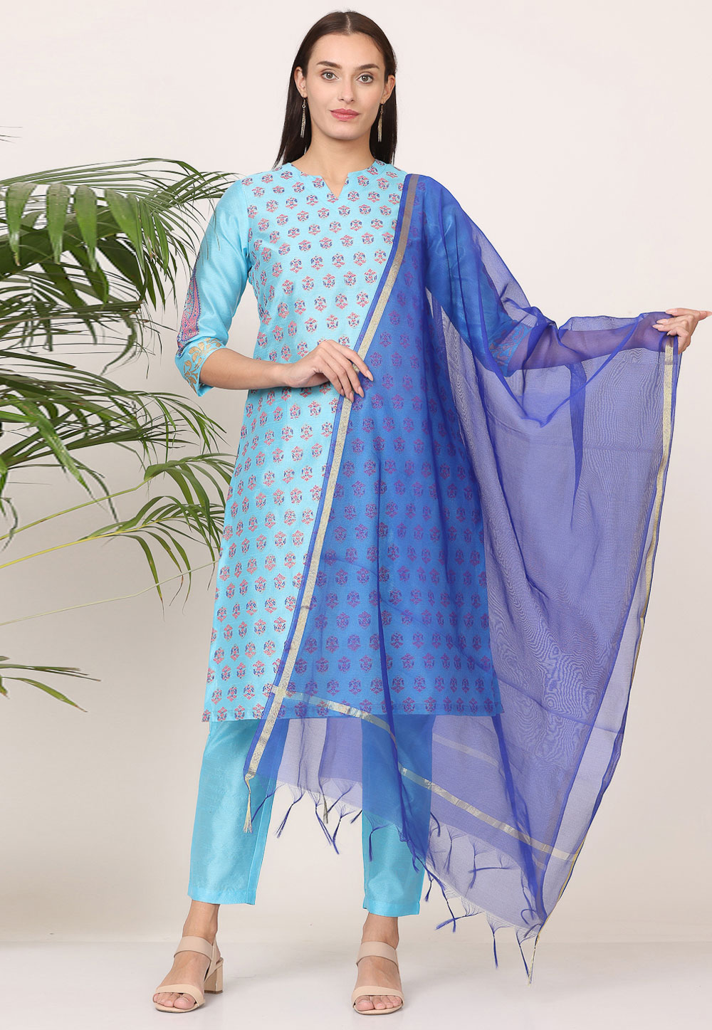 Sky Blue Silk Readymade Pant Style Suit 305517