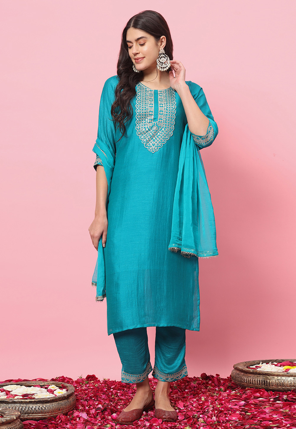 Sky Blue Silk Readymade Pant Style Suit 310857
