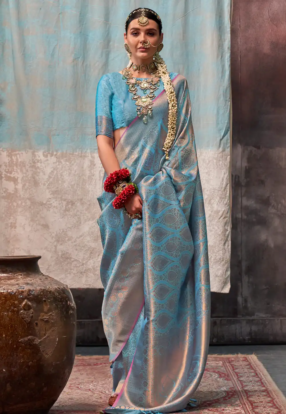 Sky Blue Silk Saree With Blouse 290137