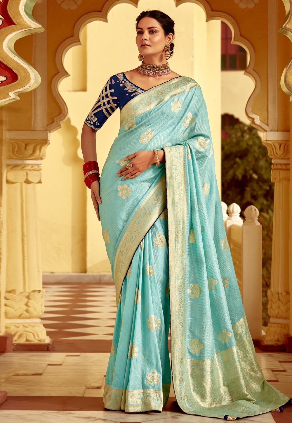 Sky Blue Silk Saree With Blouse 305823