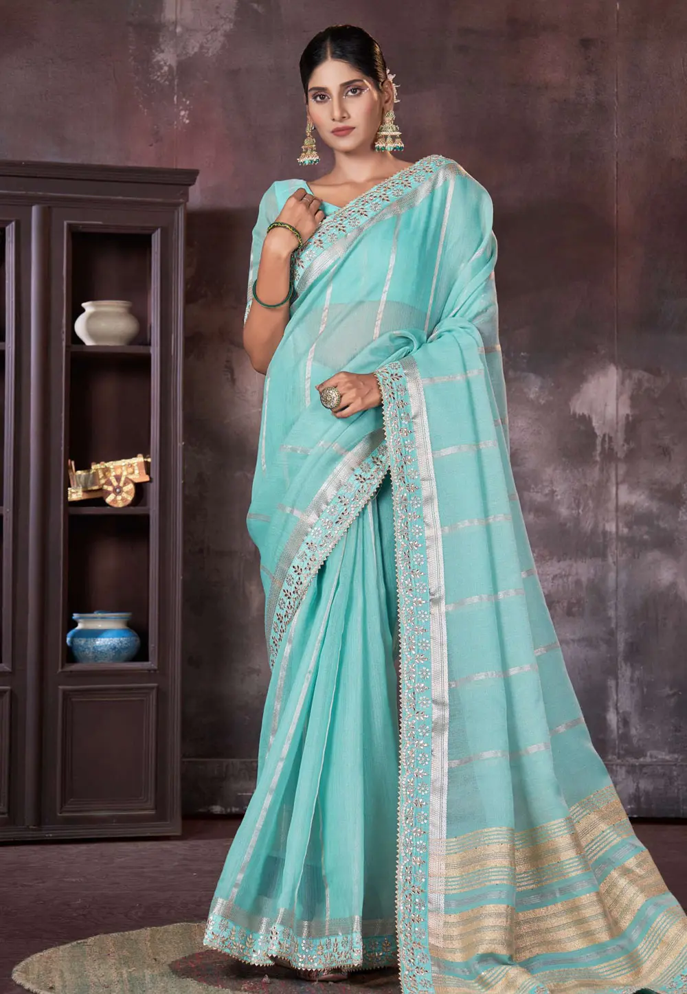 Sky Blue Silk Saree With Blouse 301743