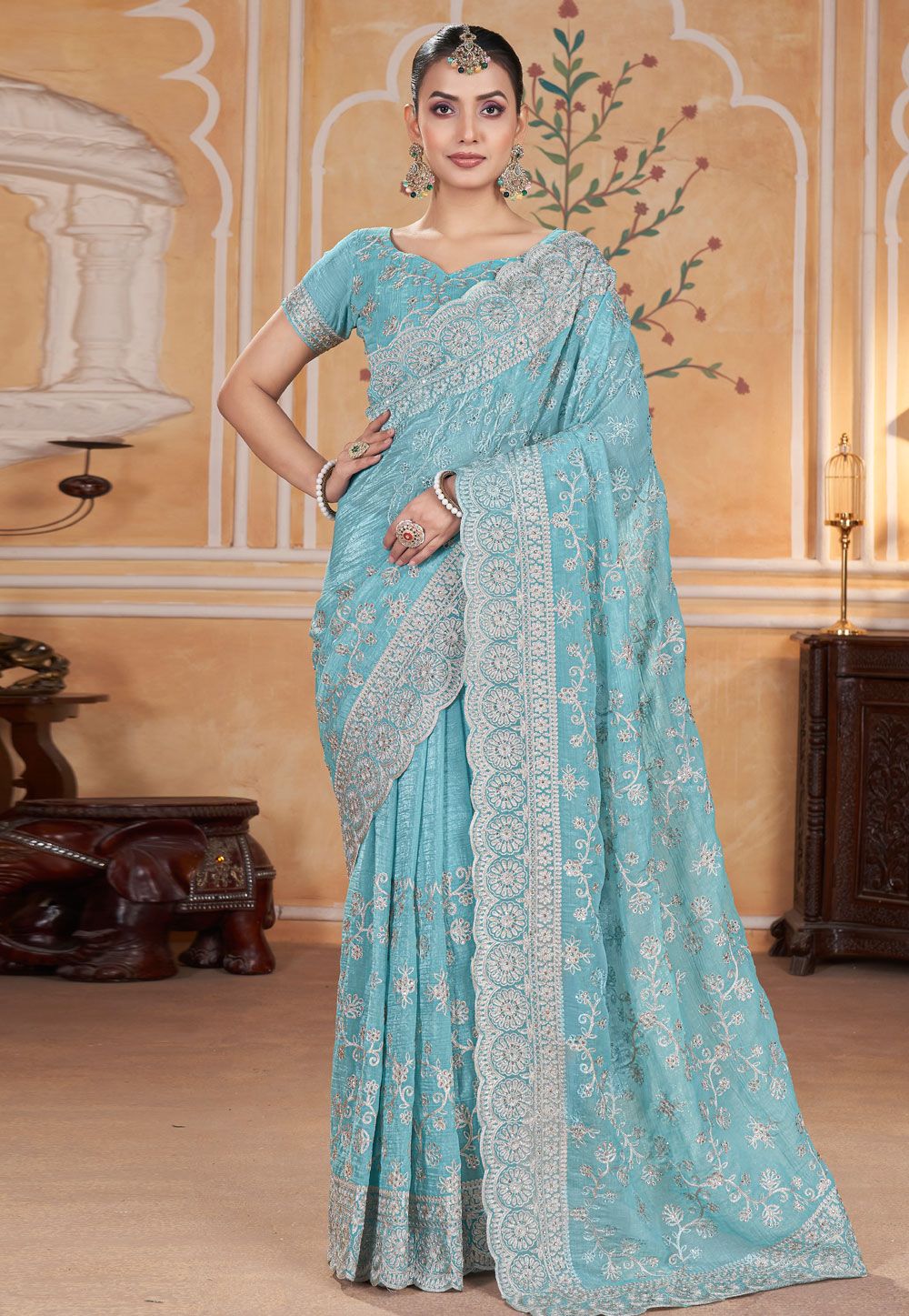 Sky Blue Silk Saree With Blouse 309407