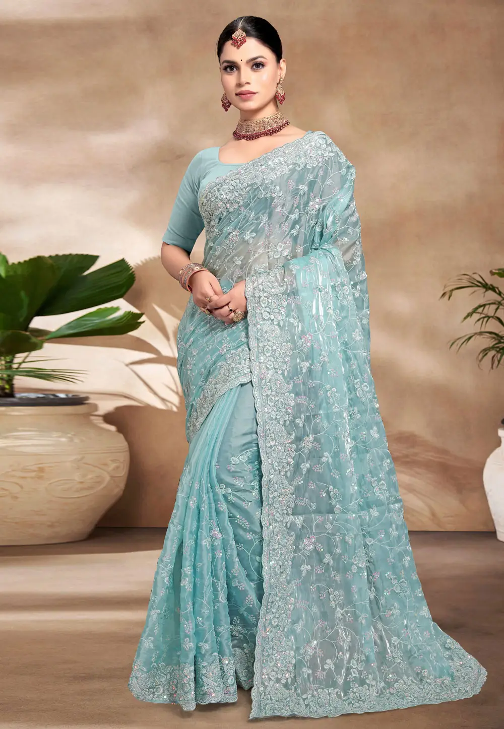 Sky Blue Silk Saree With Blouse 296221