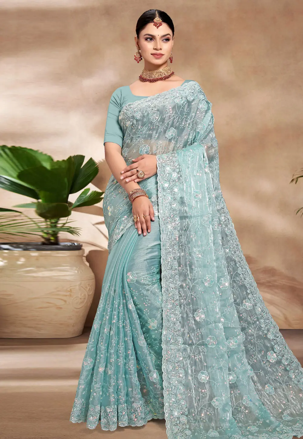 Sky Blue Silk Saree With Blouse 296226