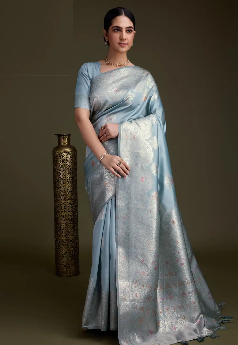 Sky Blue Silk Saree With Blouse 291047