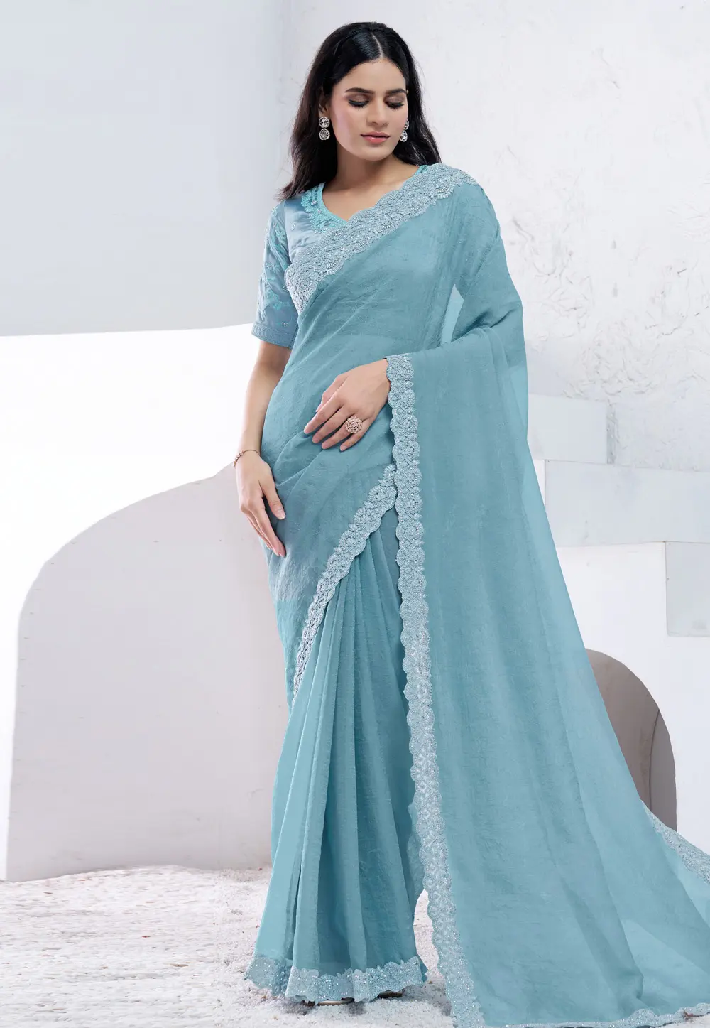 Sky Blue Silk Saree With Blouse 301278