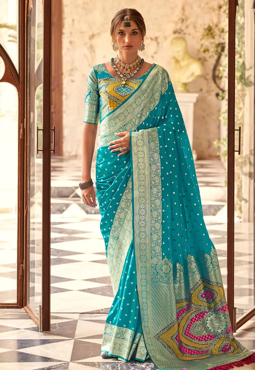 Sky Blue Silk Saree With Blouse 297209