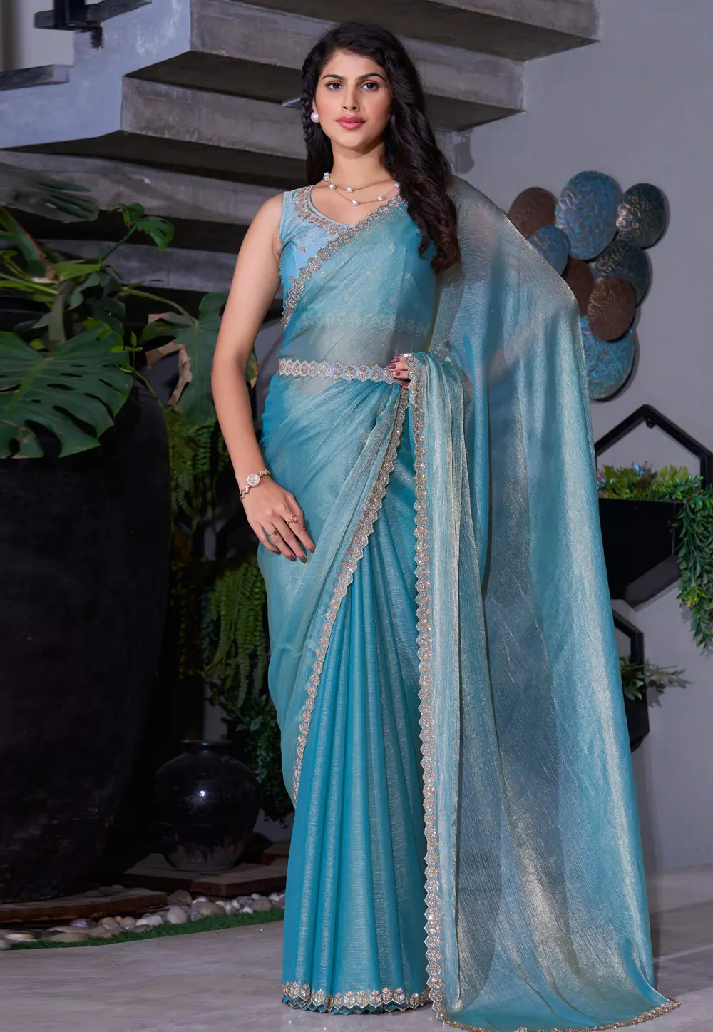 Sky Blue Silk Saree With Blouse 301418