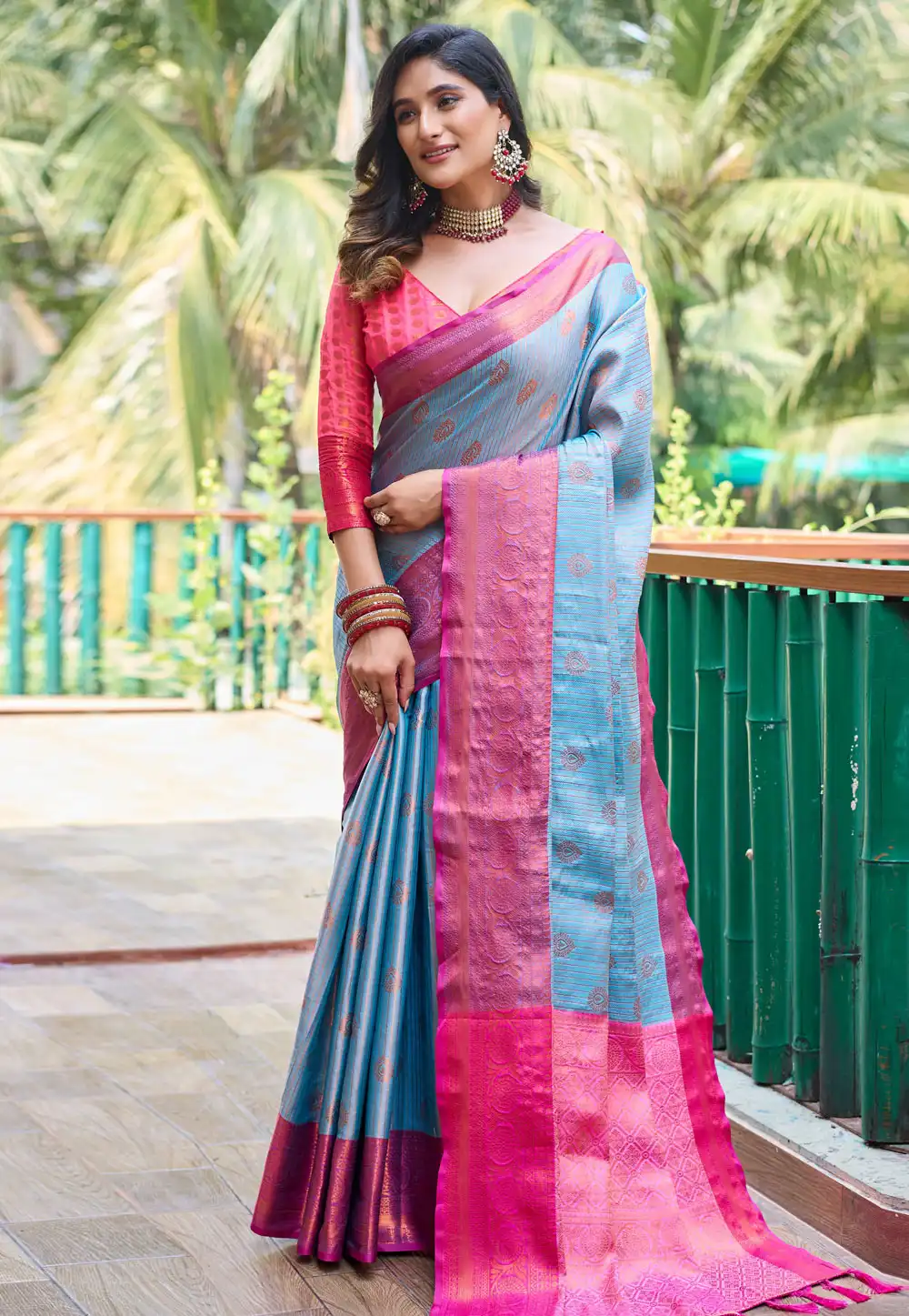 Sky Blue Silk Saree With Blouse 290125