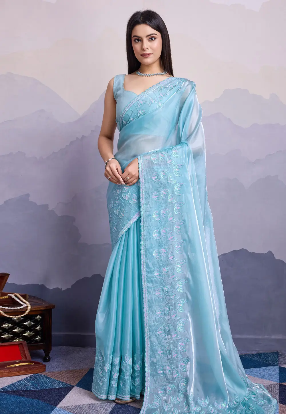 Sky Blue Silk Saree With Blouse 295499