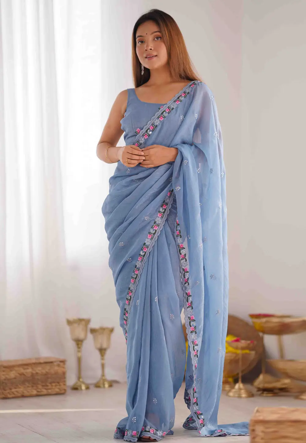 Sky Blue Silk Saree With Blouse 298837