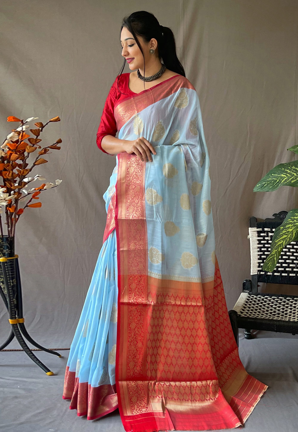 Sky Blue Silk Saree With Blouse 287339