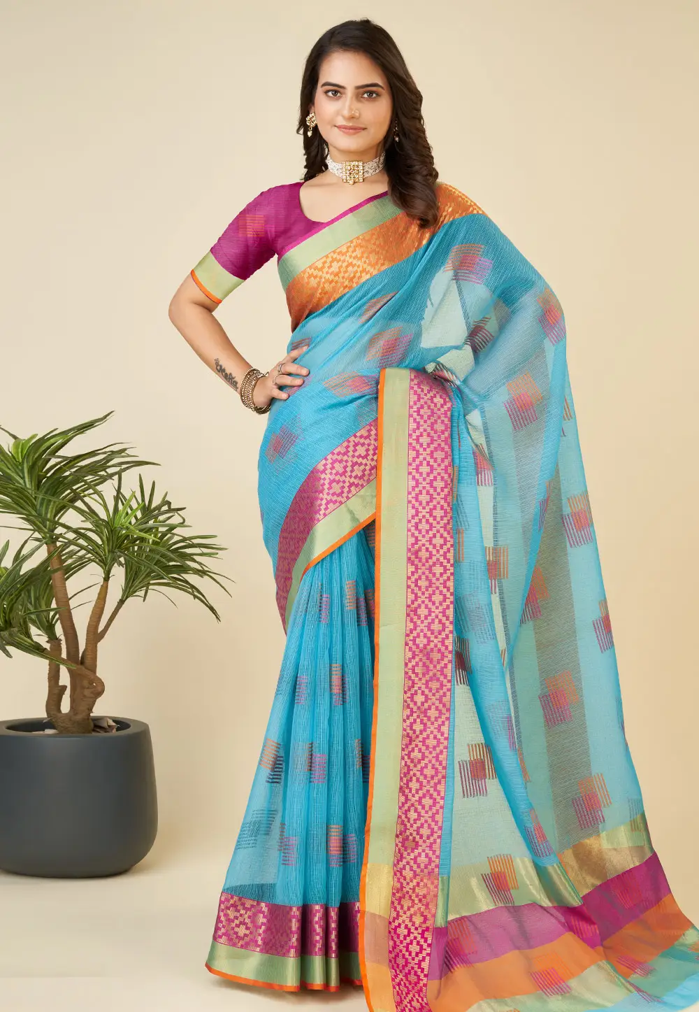 Sky Blue Silk Saree With Blouse 296366