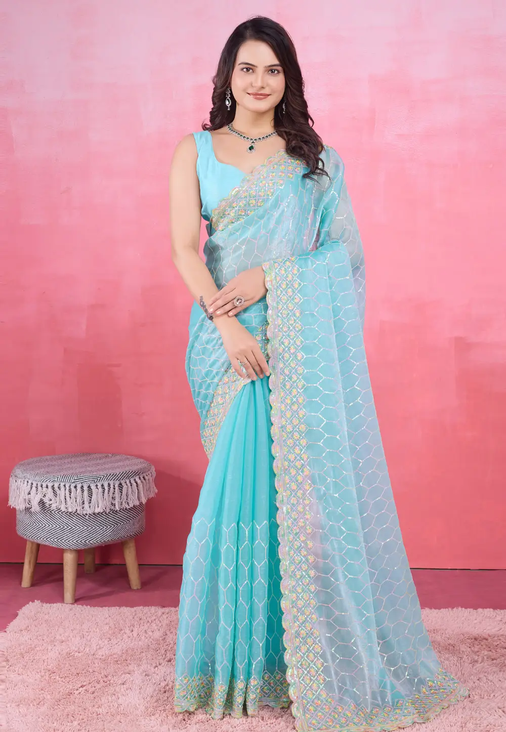 Sky Blue Silk Saree With Blouse 297036