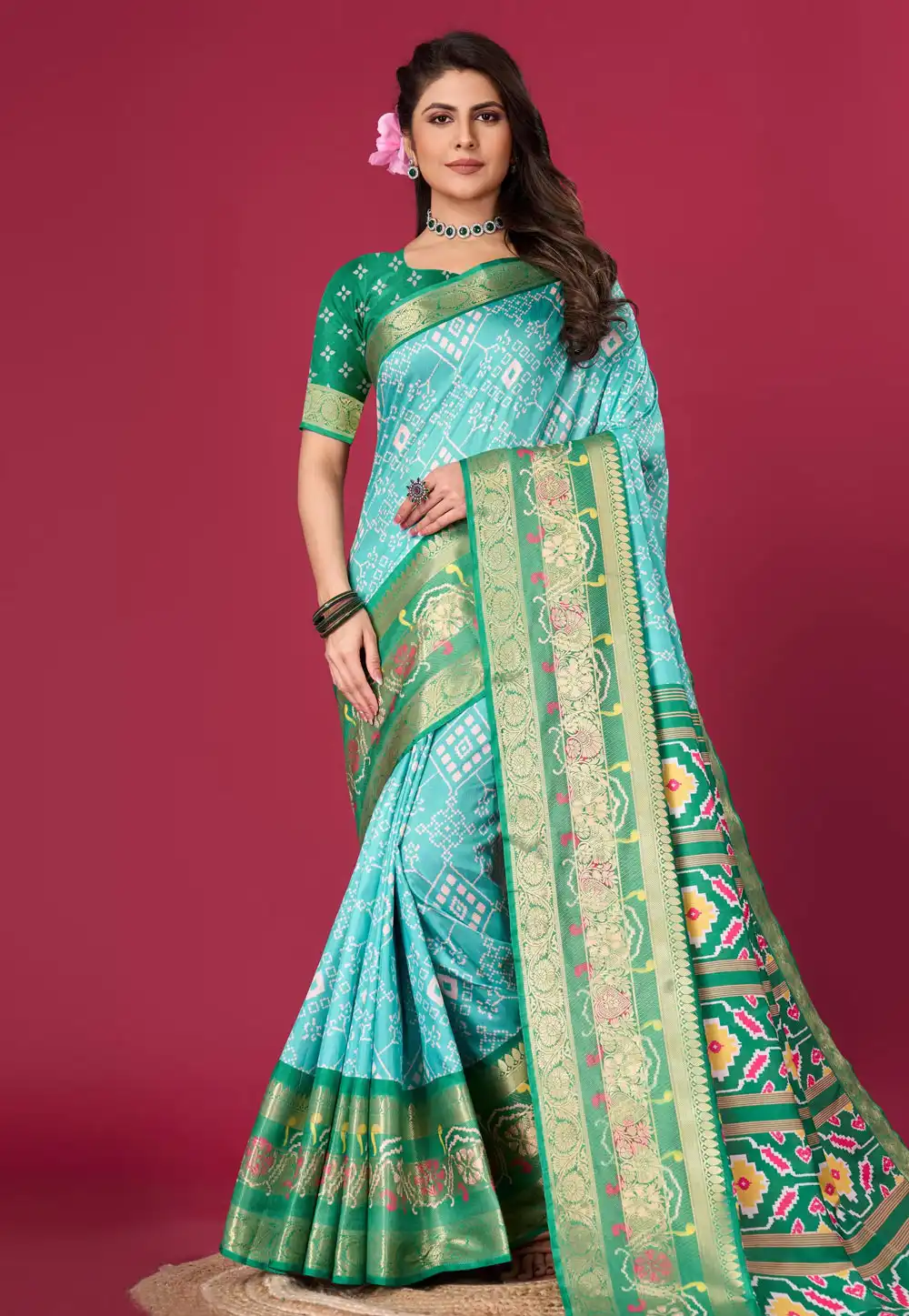 Sky Blue Silk Satin Patola Saree 289281