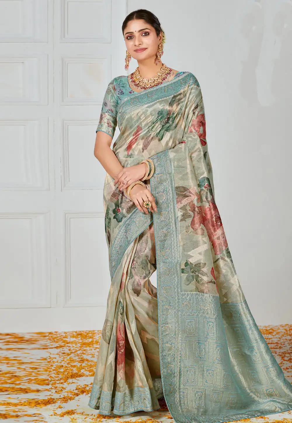 Sky Blue Tissue Saree With Blouse 289096