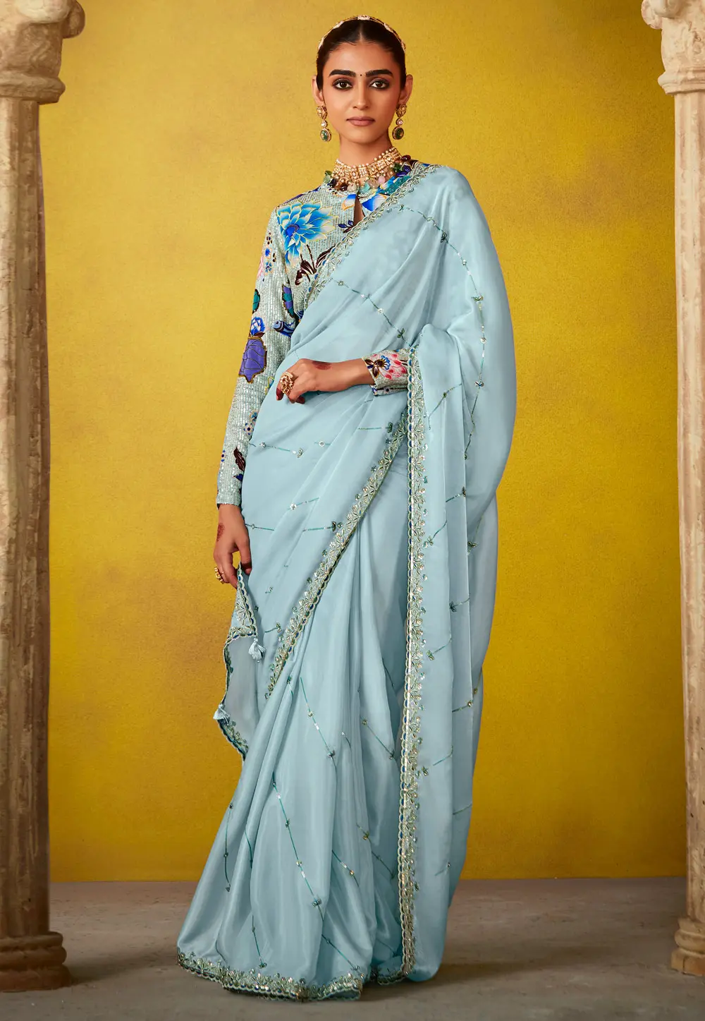 Sky Blue Tissue Saree With Blouse 302861