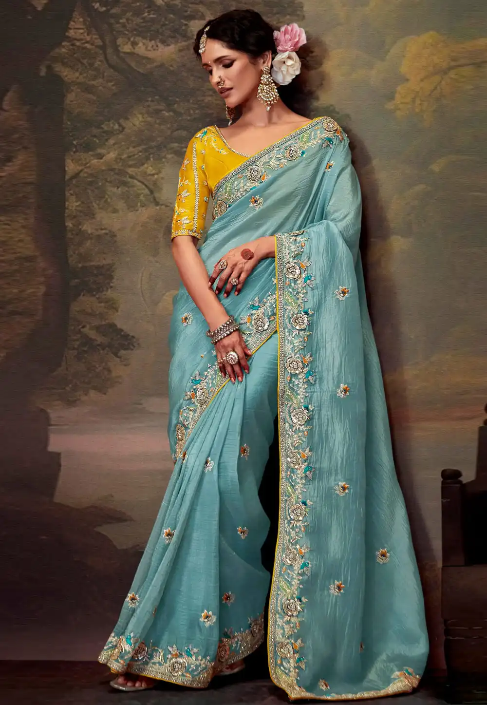 Sky Blue Tissue Saree With Blouse 293627