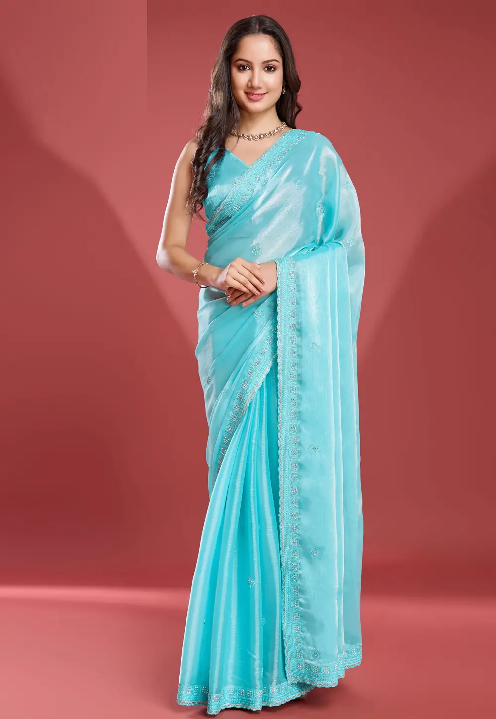 Sky Blue Tissue Saree With Blouse 297118