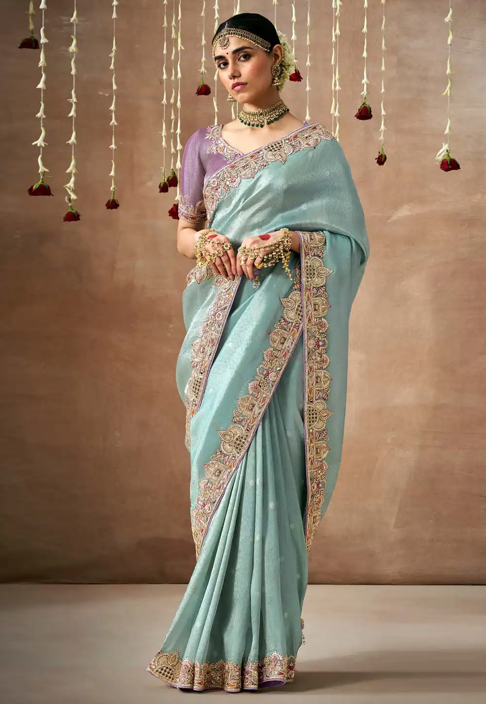 Sky Blue Tissue Silk Saree With Blouse 295074