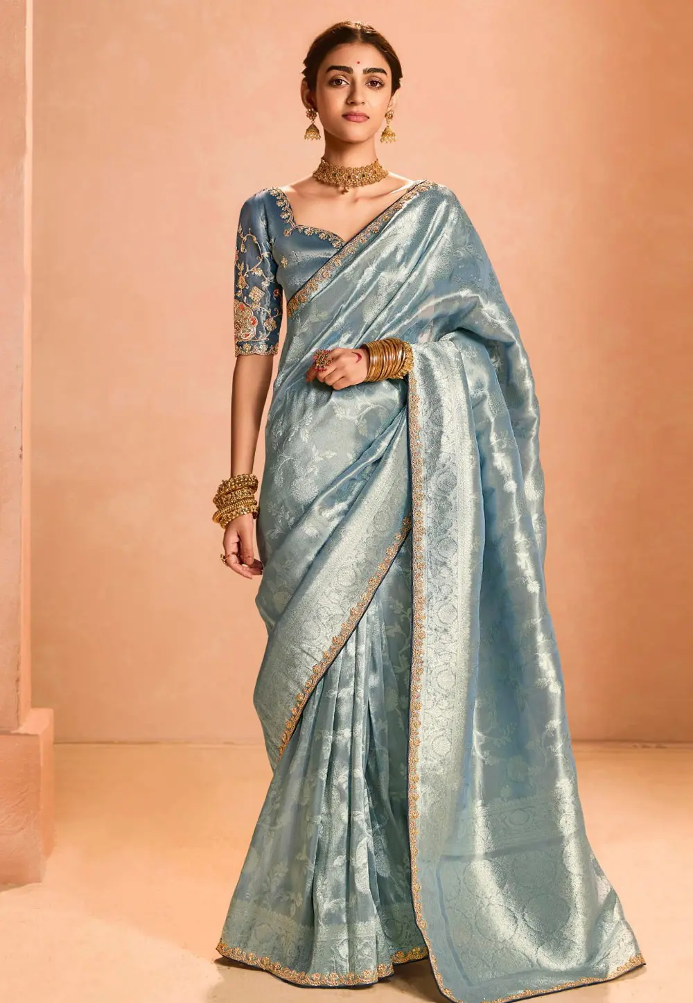 Sky Blue Tissue Silk Saree With Blouse 302055