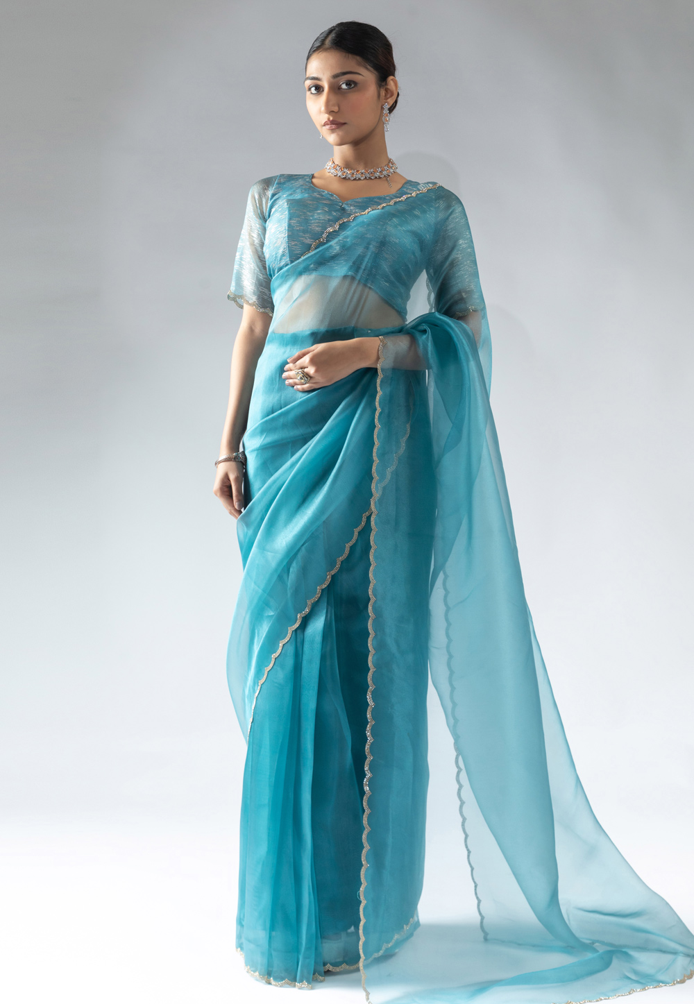 Sky Blue Tissue Silk Saree With Blouse 309361