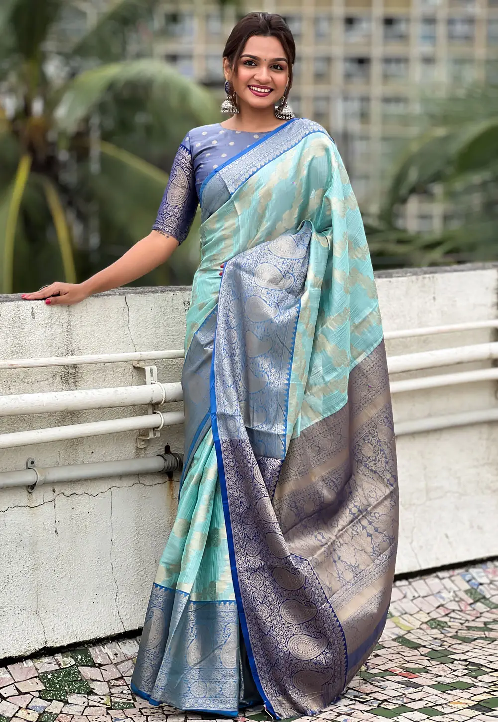 Sky Blue Tissue Silk Saree With Blouse 296260