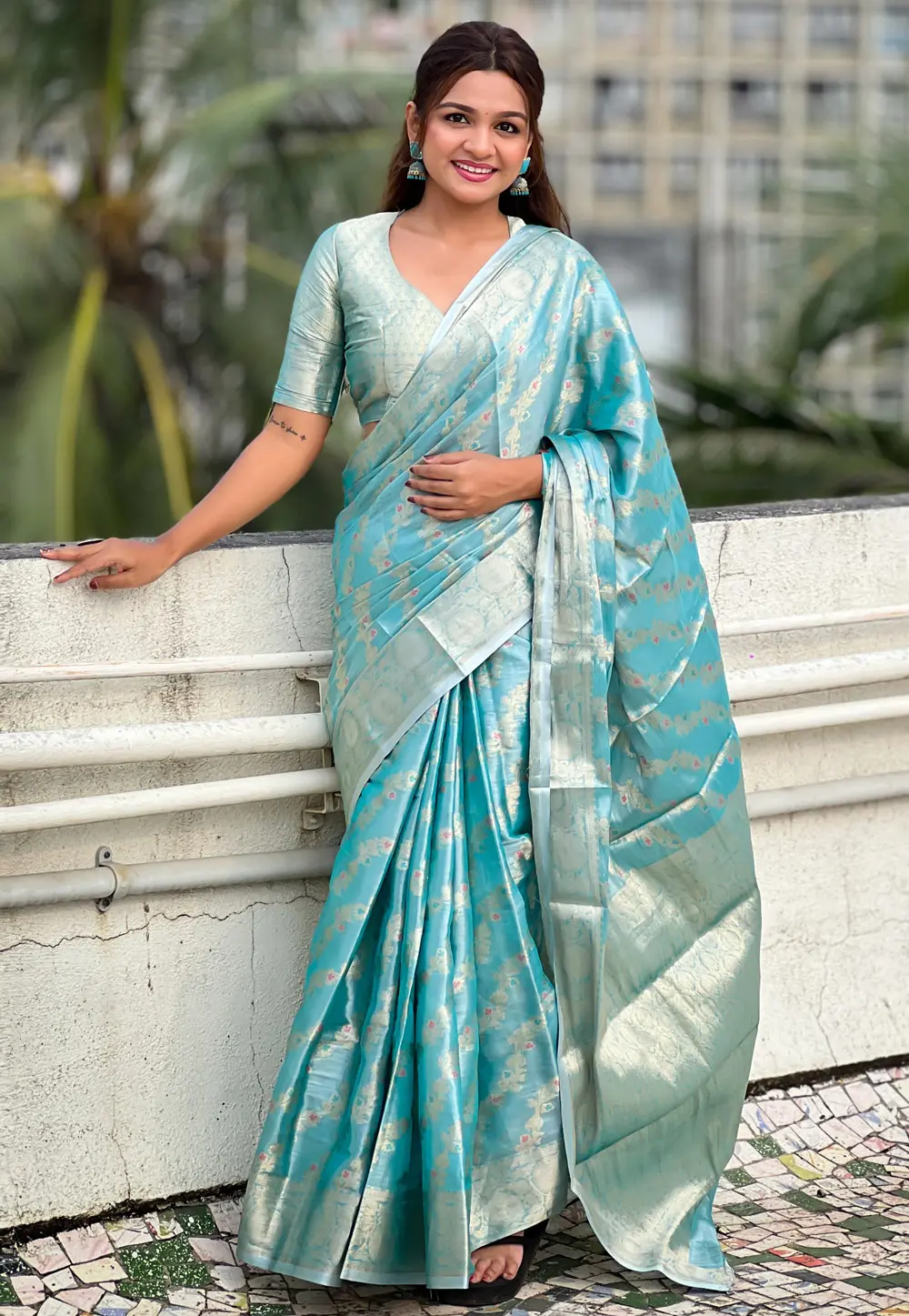 Sky Blue Tissue Silk Saree With Blouse 298477