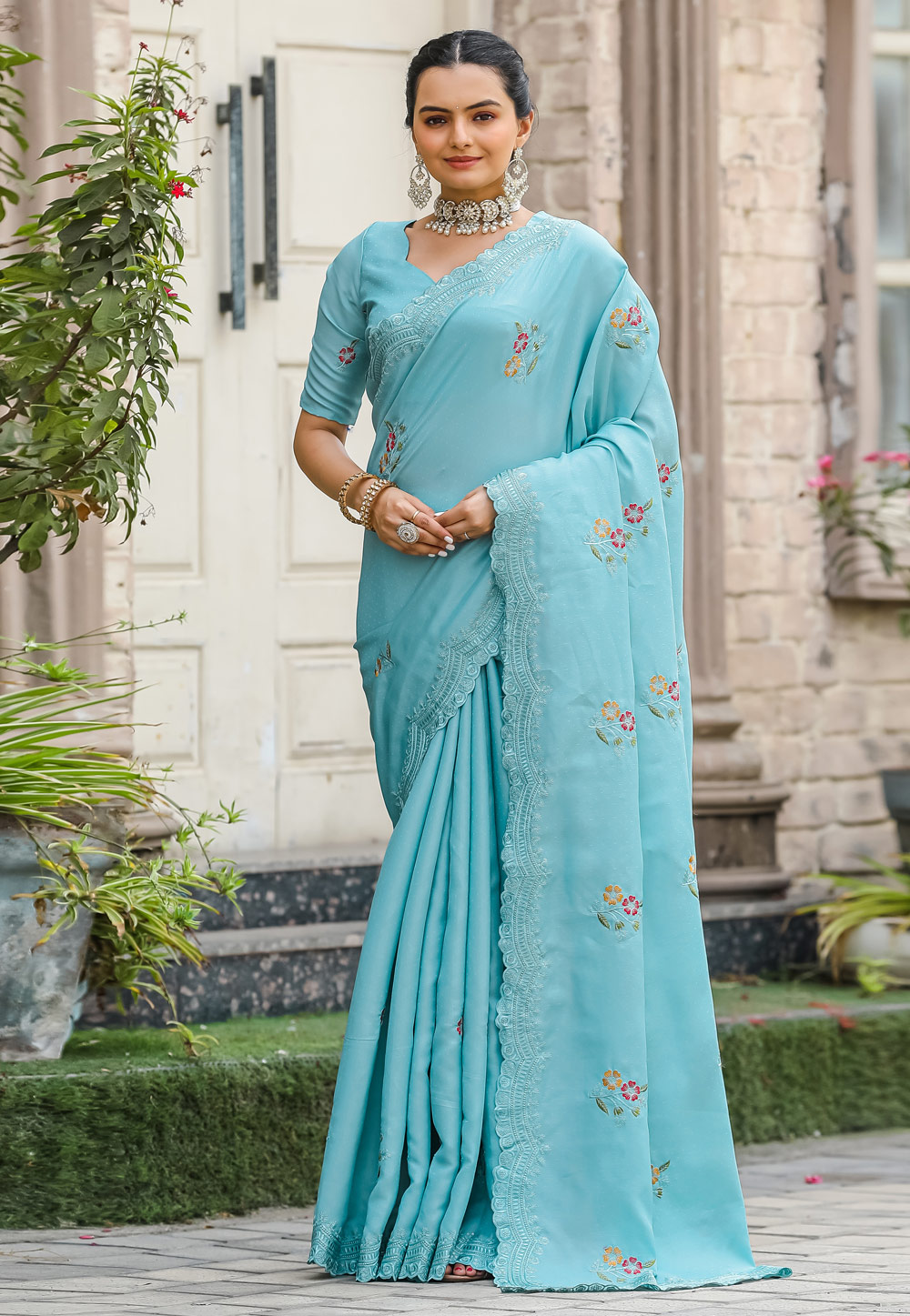 Sky Blue Tussar Saree With Blouse 287673