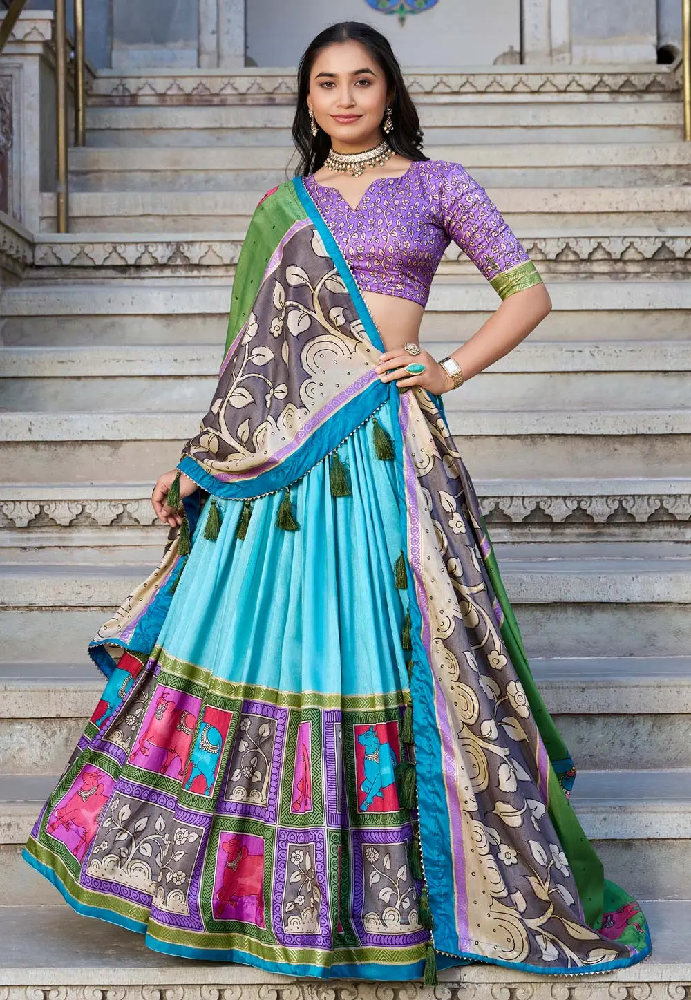 Sky Blue Tussar Silk Lehenga Choli 303240