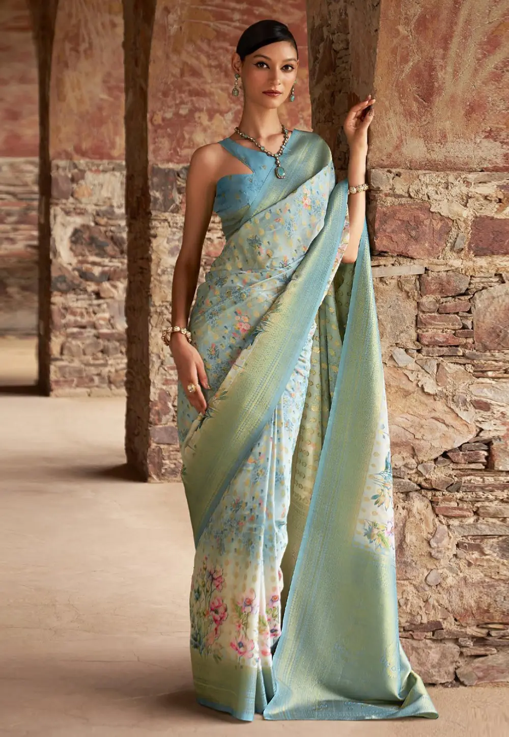 Sky Blue Tussar Silk Saree With Blouse 304131