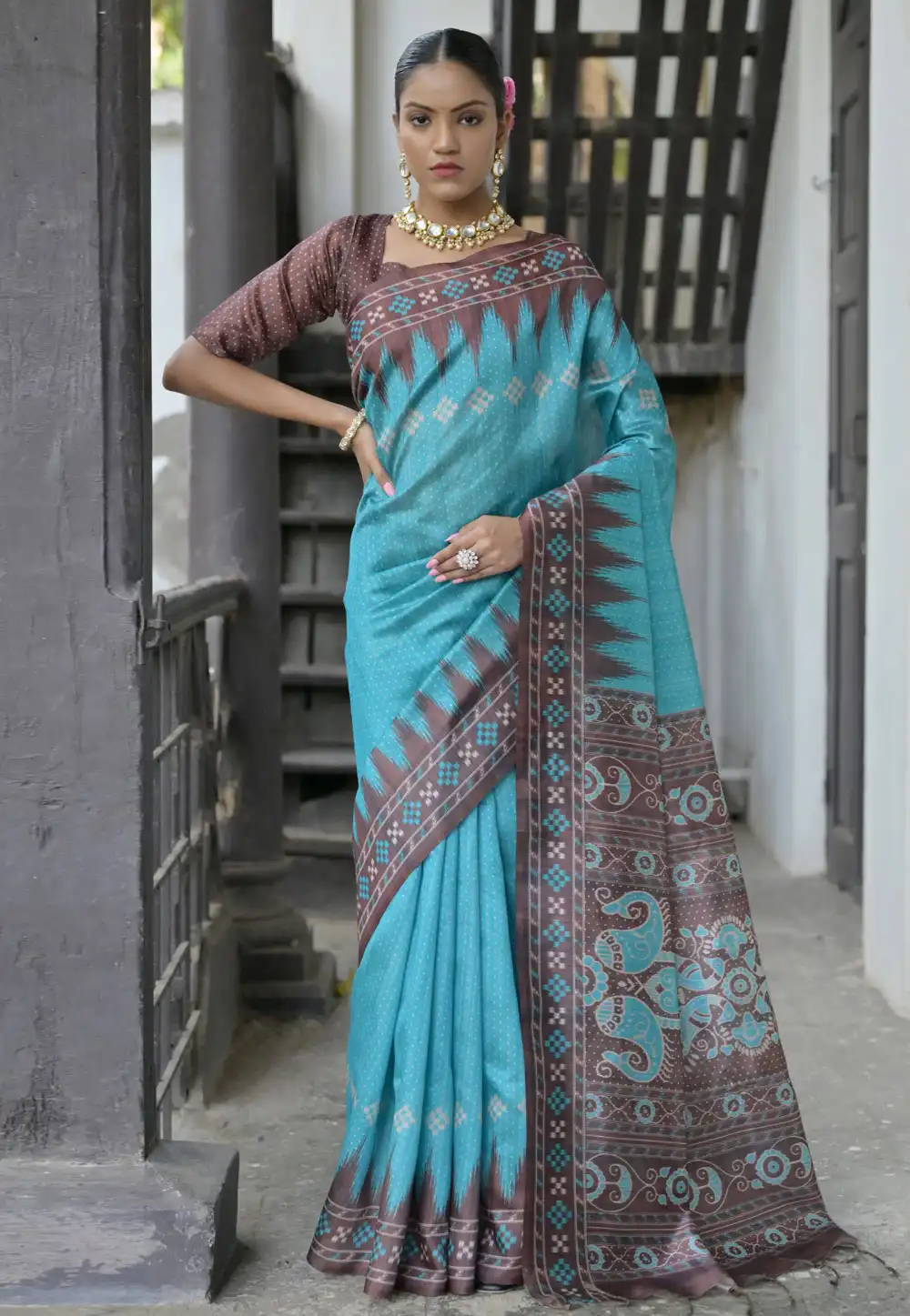 Sky Blue Tussar Silk Saree With Blouse 290850