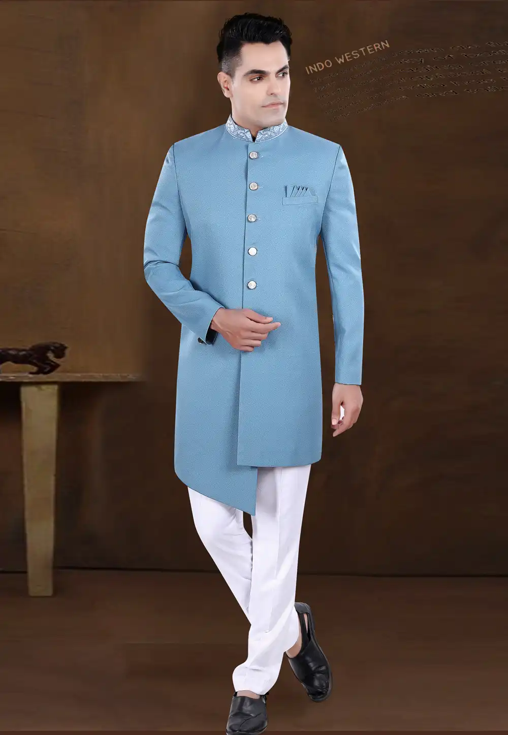 Sky Blue Viscose Indo Western Sherwani 292222