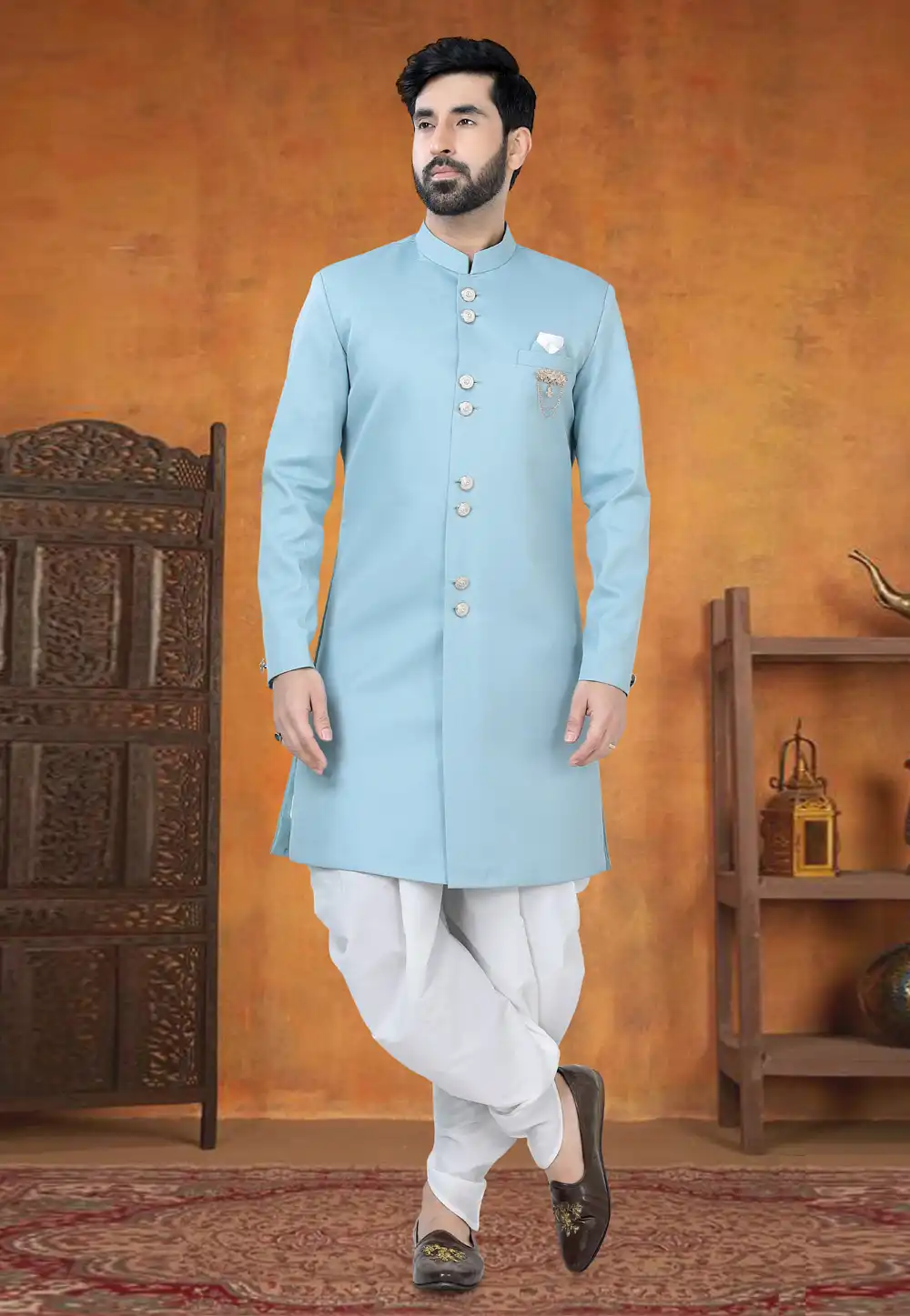 Sky Blue Viscose Indo Western Suit 294993