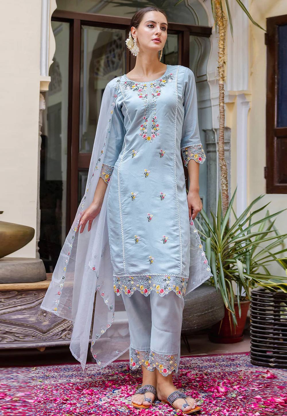 Sky Blue Viscose Rayon Readymade Pant Style Suit 305271