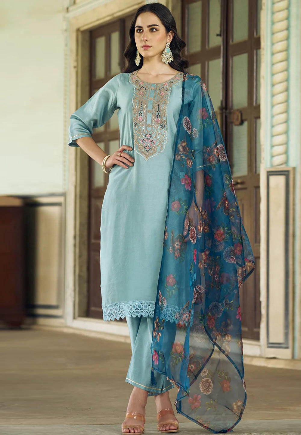 Sky Blue Viscose Rayon Readymade Pant Style Suit 309628