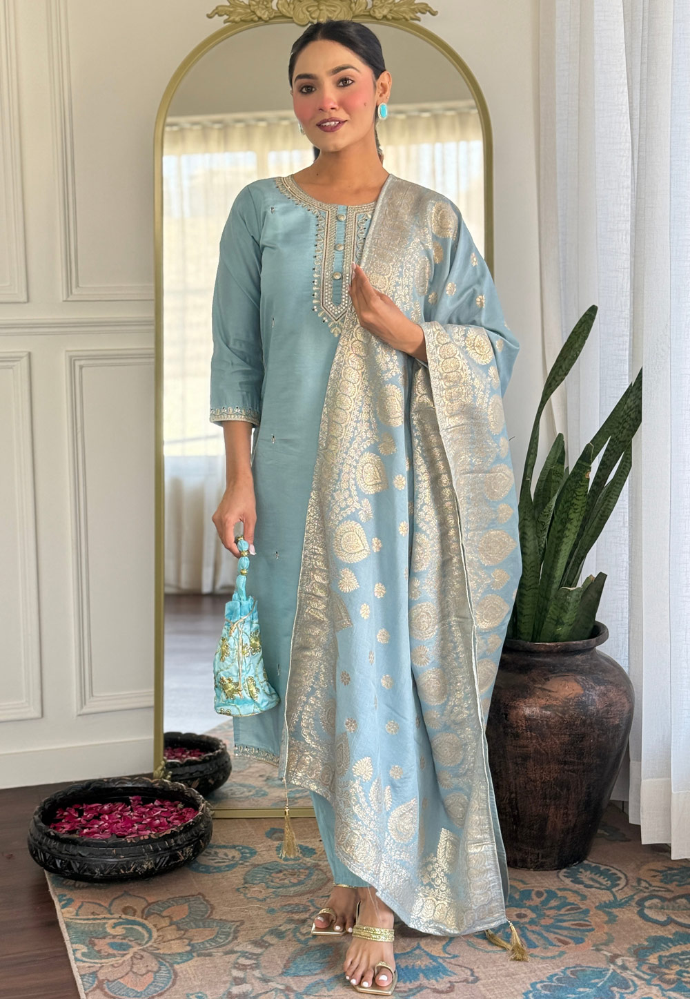 Sky Blue Viscose Readymade Pakistani Suit 309538