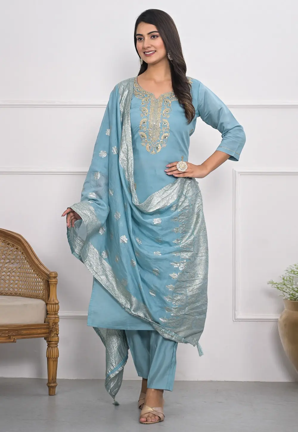 Sky Blue Viscose Readymade Pakistani Suit 298380