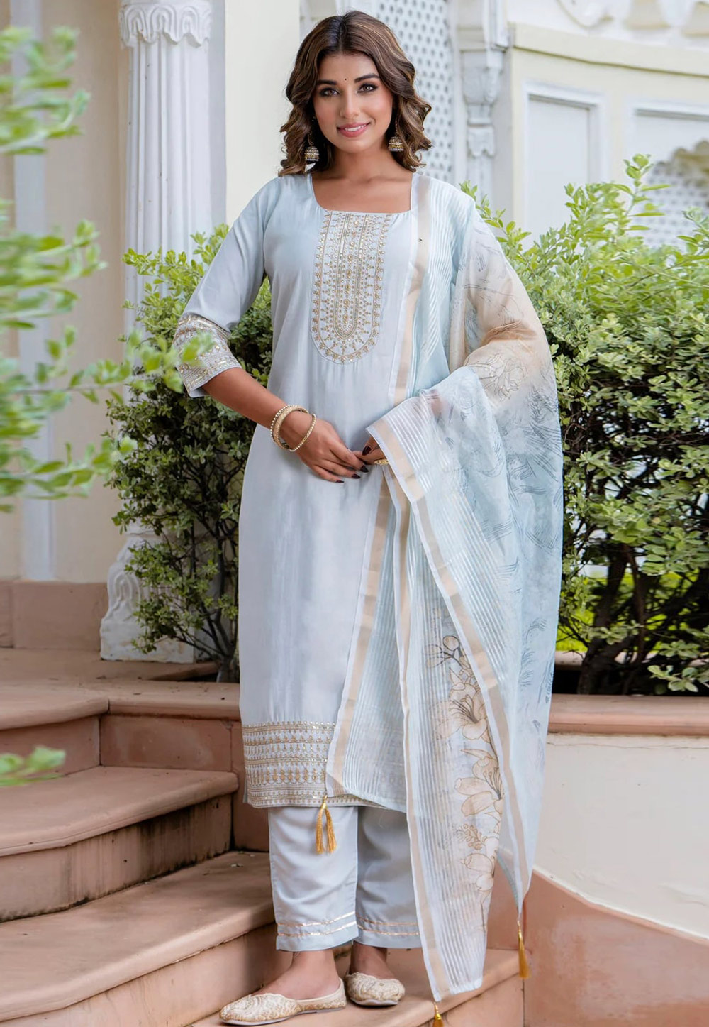 Sky Blue Viscose Readymade Pant Style Suit 309618