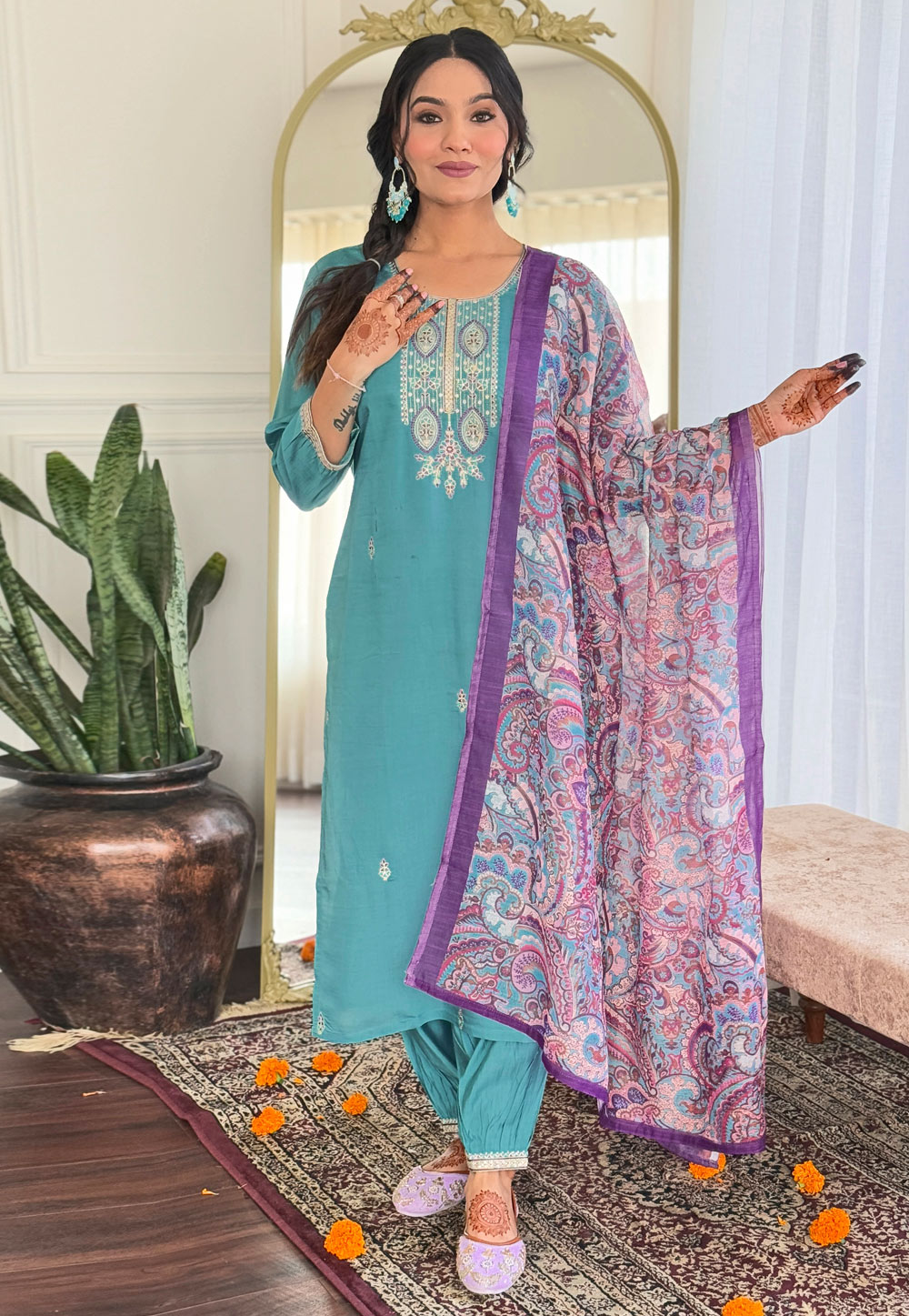 Sky Blue Viscose Readymade Pant Style Suit 305019