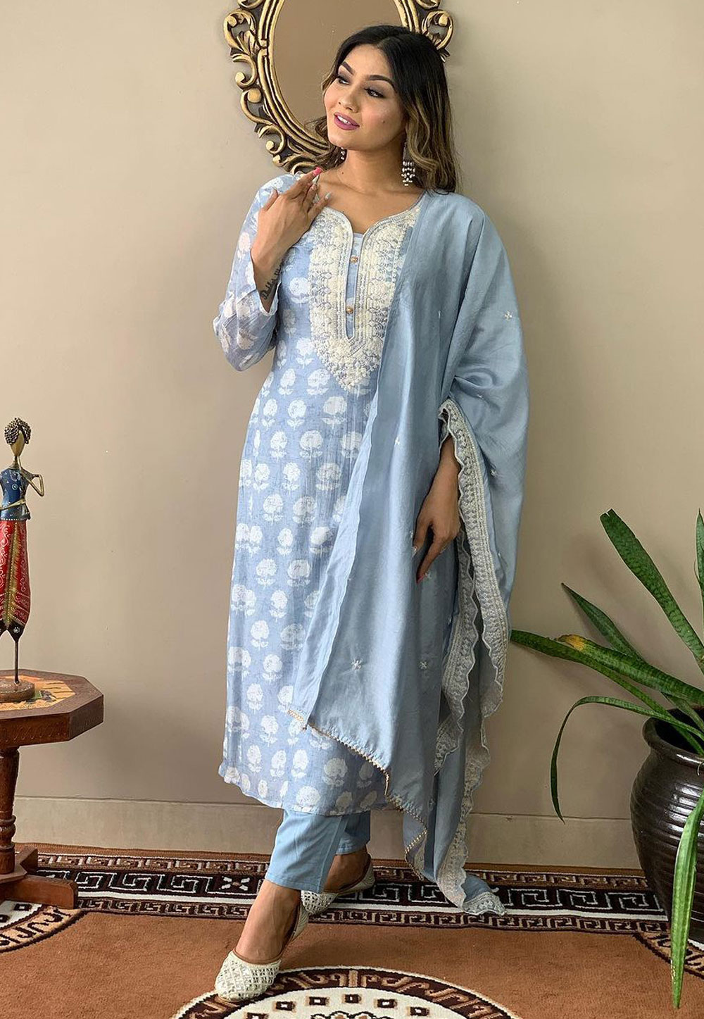Sky Blue Viscose Readymade Pant Style Suit 278920