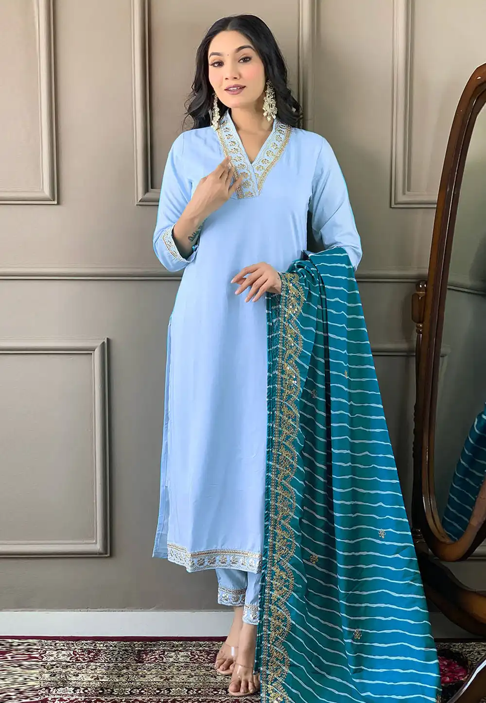 Sky Blue Viscose Readymade Pant Style Suit 293224