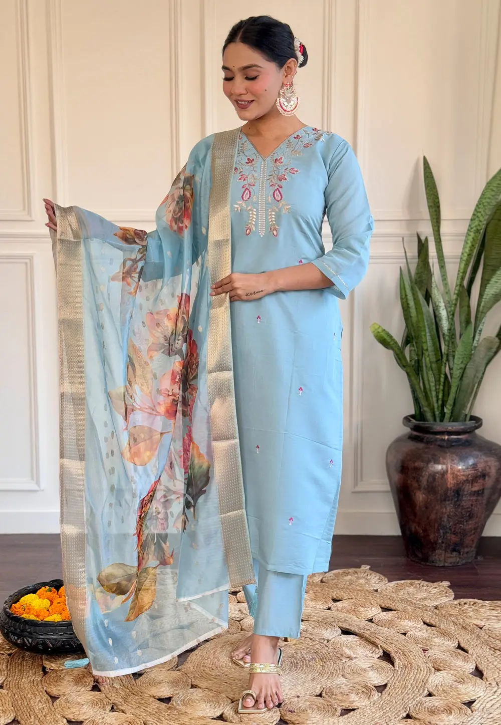 Sky Blue Viscose Readymade Pant Style Suit 301895