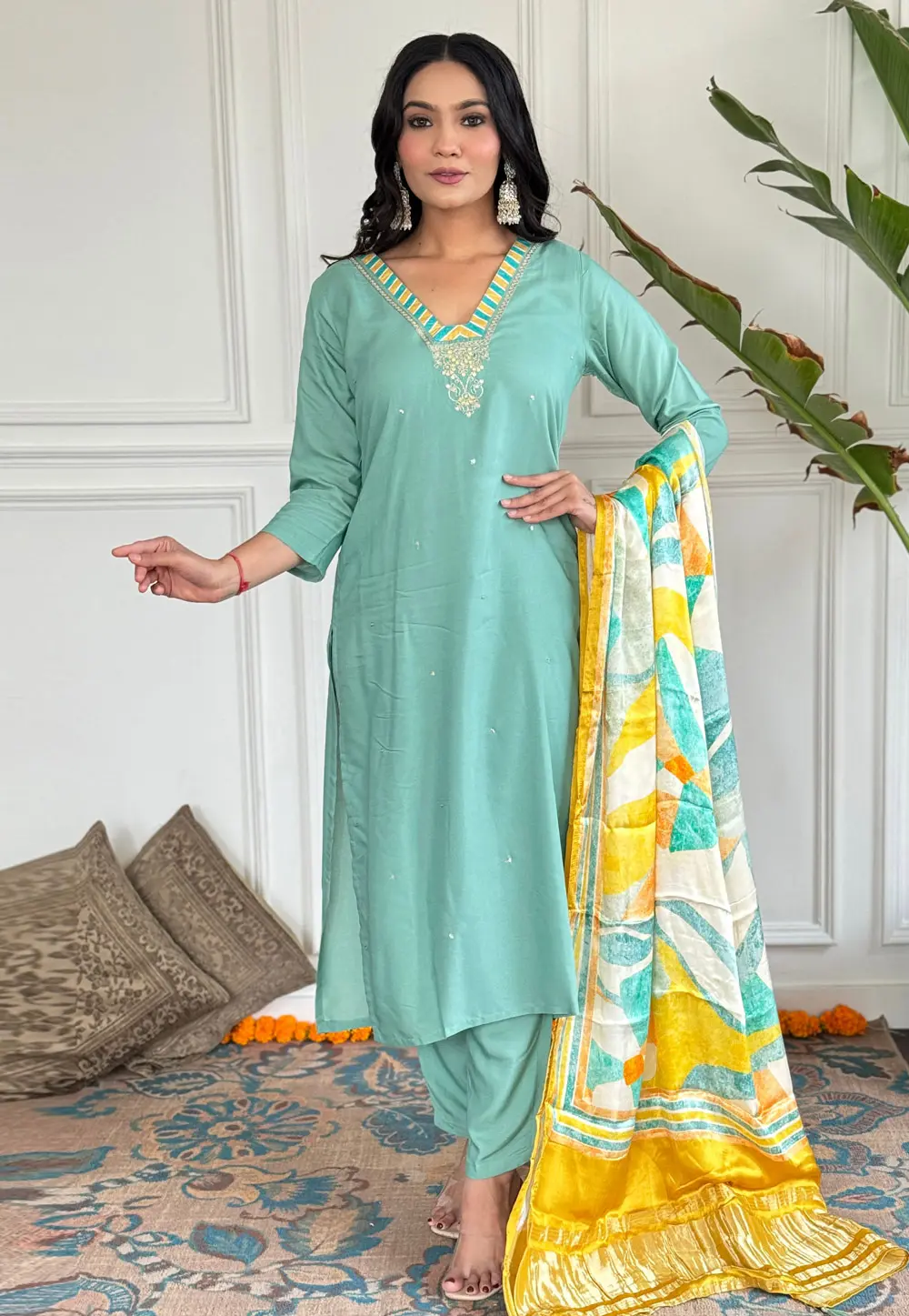 Sky Blue Viscose Readymade Pant Style Suit 301900