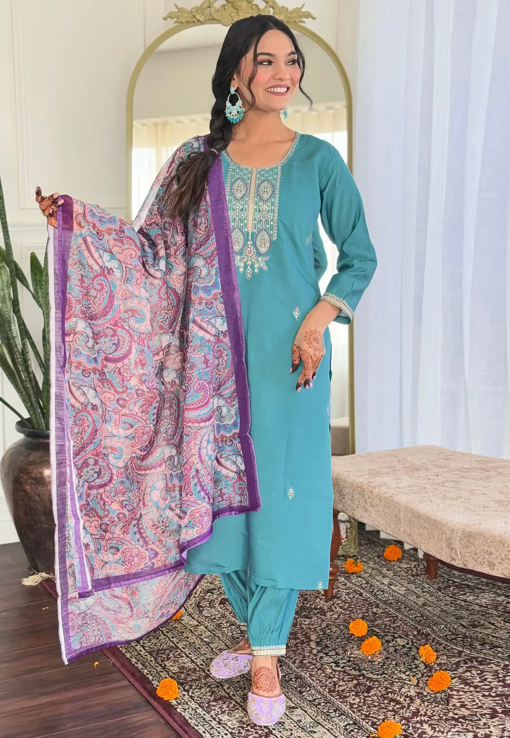 Sky Blue Viscose Readymade Pant Style Suit 303838