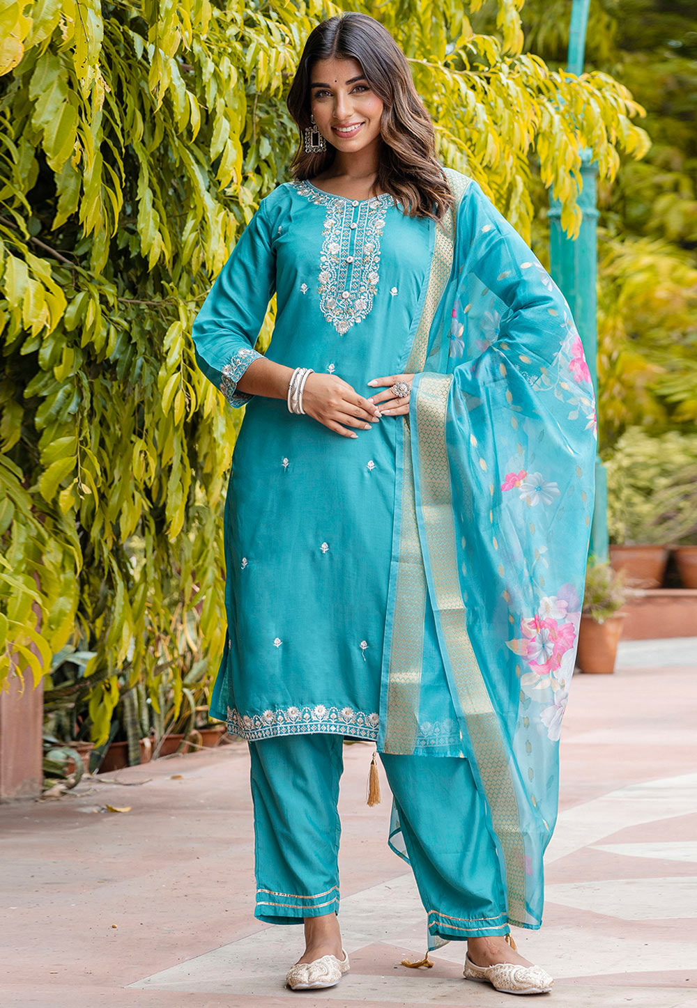 Sky Blue Viscose Readymade Pant Style Suit 309149